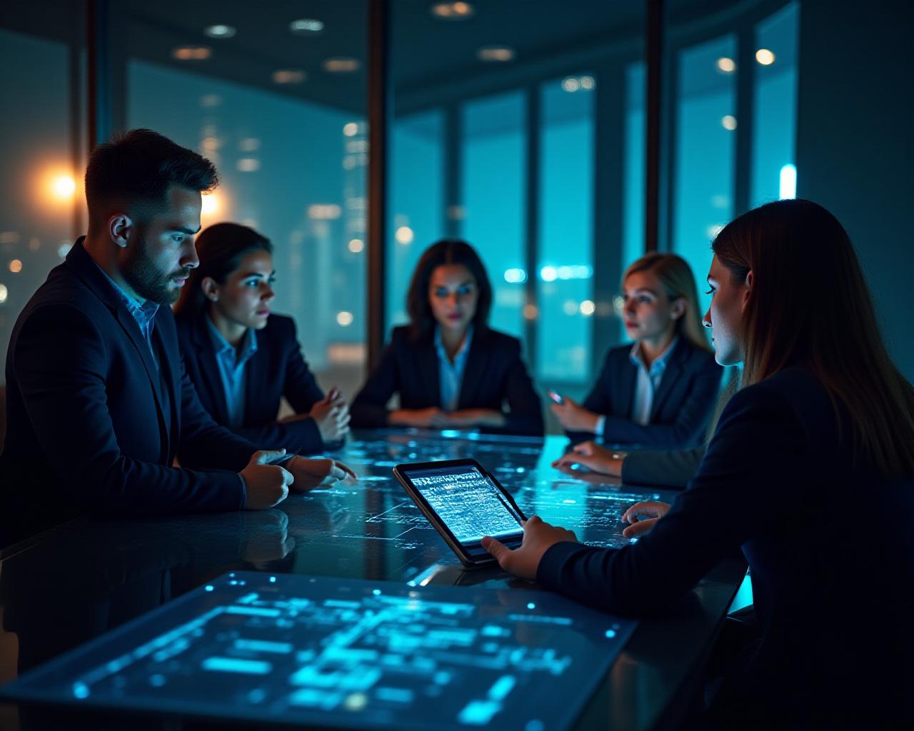 Professional IT consultants discussing digital transformation strategy in a high-tech boardroom